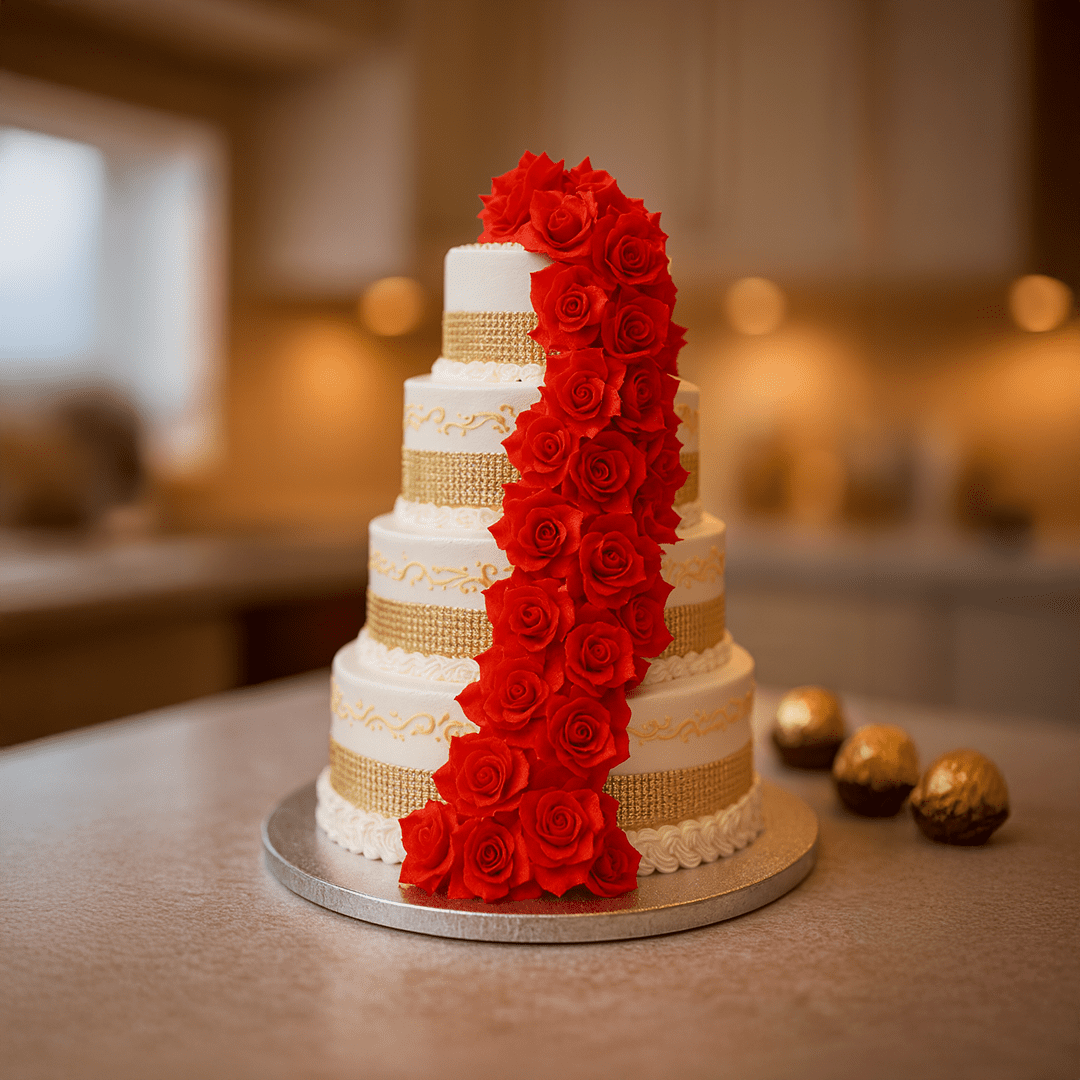 Red Roses With Gold Ribbon Wedding Cake (4 tier) Red Roses With Gold Ribbon Wedding Cake (4 tier) - Image 1