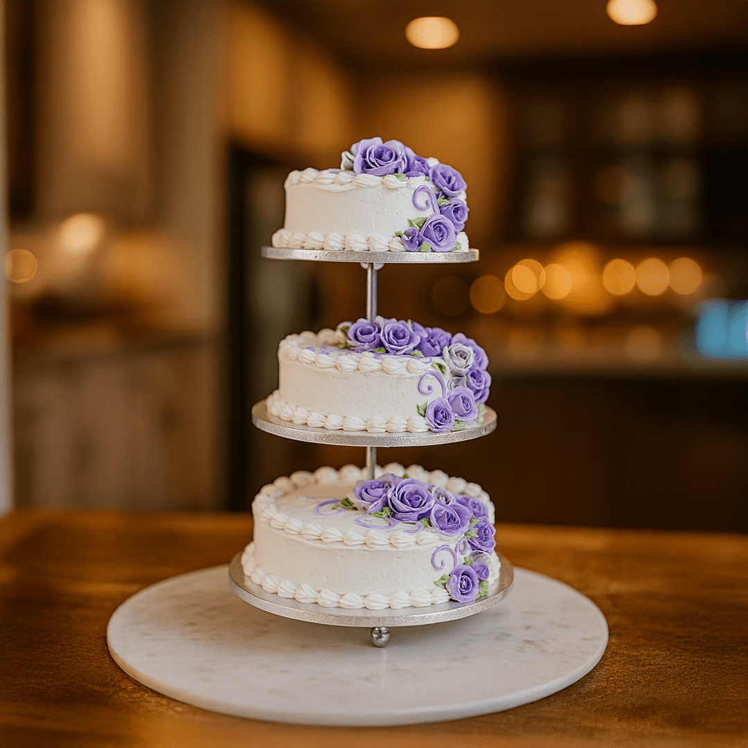 Silver & Purple Flower Wedding Cake (3 tier) Silver & Purple Flower Wedding Cake (3 tier) - Image 1