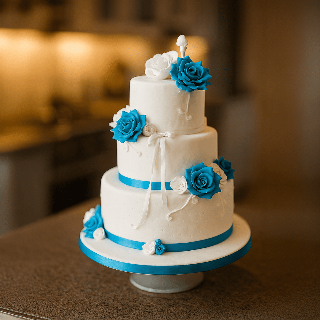 Sky Blue Rose With White Decoration Wedding Cake (3 tier) Sky Blue Rose With White Decoration Wedding Cake (3 tier) - Image 1