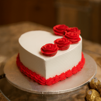 White & Pink Roses Heart Shape Cake